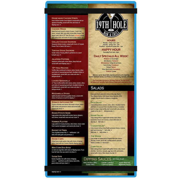 A blue Menu Solutions acrylic board with rubber bands holding a menu