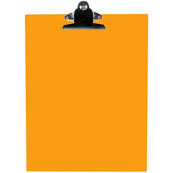 An orange acrylic clipboard with a metal clip.