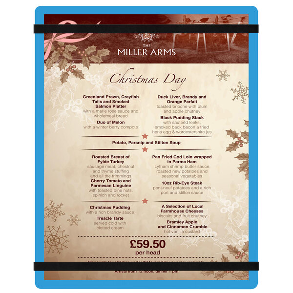 A blue Menu Solutions customizable acrylic menu board with rubber band straps on a table in a fine dining restaurant.