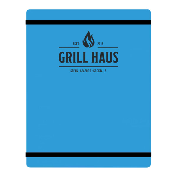 A blue rectangular Menu Solutions menu board with black rubber bands.