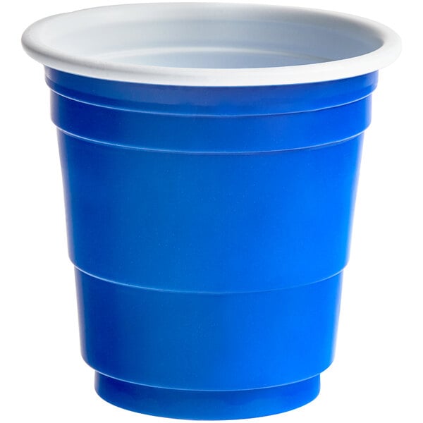 A blue plastic cup with a white rim.