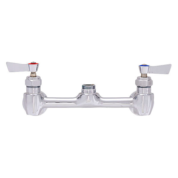 A Fisher stainless steel wall-mounted faucet base with lever handles and swivel outlets.