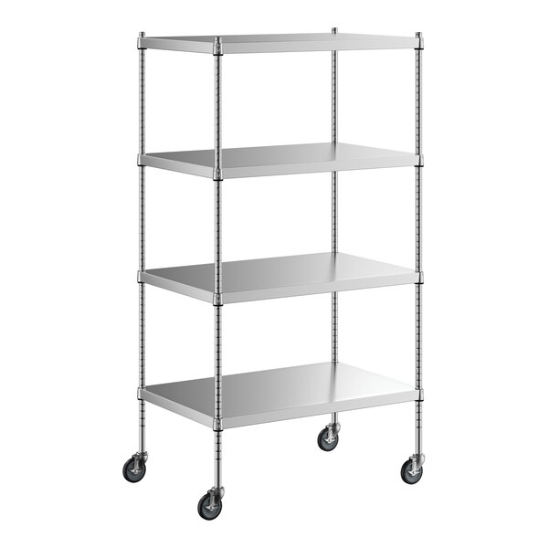 A Regency stainless steel wire shelving unit on wheels.