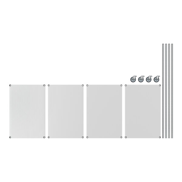 A white rectangular object with four metal shelves and a metal bar.