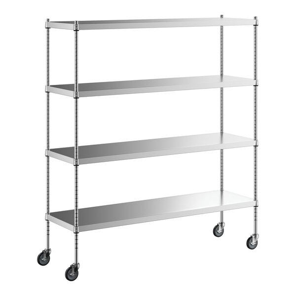 A Regency stainless steel wire shelving unit with wheels.