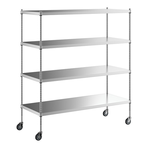 A Regency stainless steel mobile shelving unit with wheels.