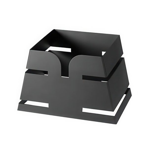 A black metal pyramid display riser with two levels.