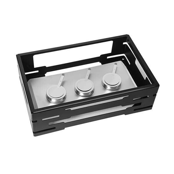 A black and silver Rosseto chafer alternative warmer with three silver circles.