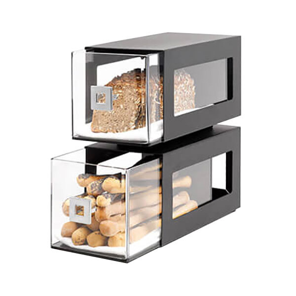 A two-tier black steel bakery display column with food inside.