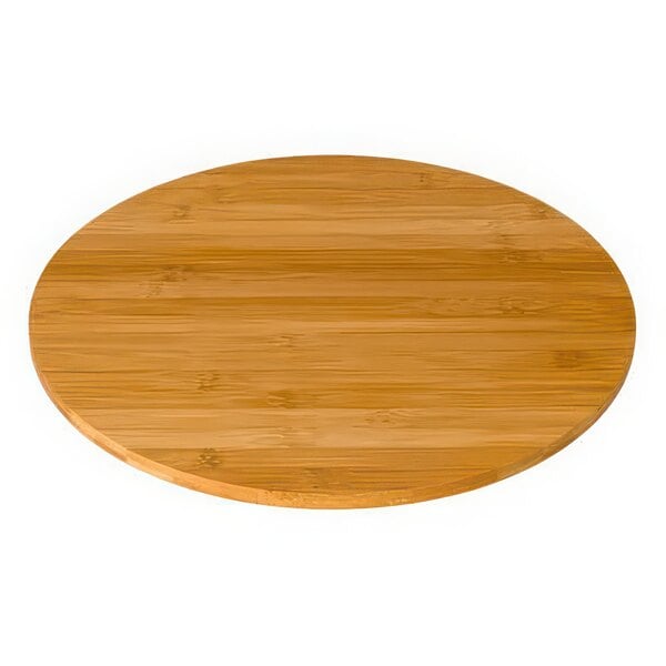 A round wooden surface with a white background.