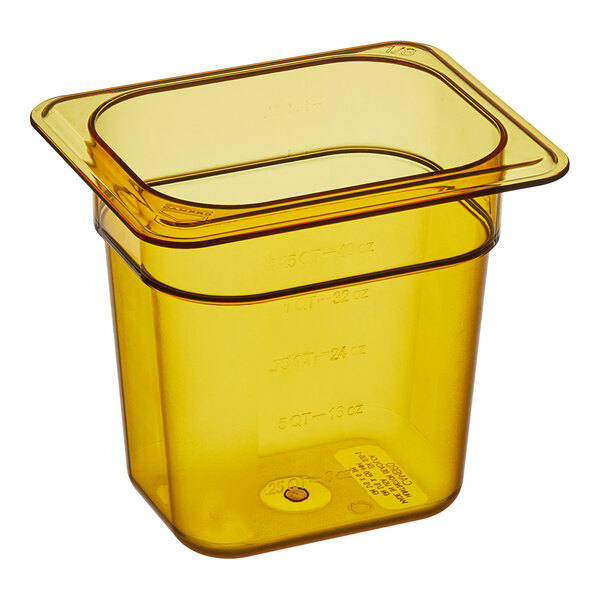 A yellow Cambro H-Pan plastic food pan with a lid.