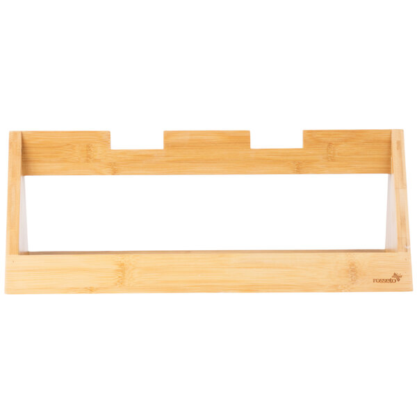 A natural bamboo tray riser with two shelves on a wooden frame.