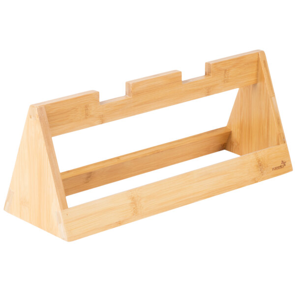 A Rosseto natural bamboo tray riser with three shelves.