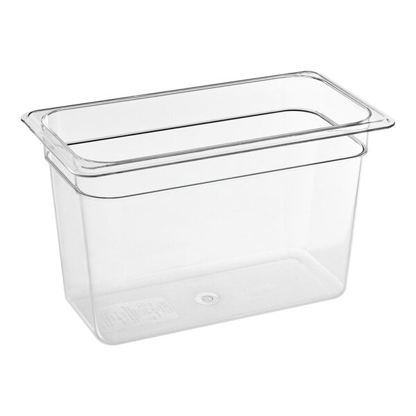 A clear rectangular Carlisle plastic food pan with a lid.