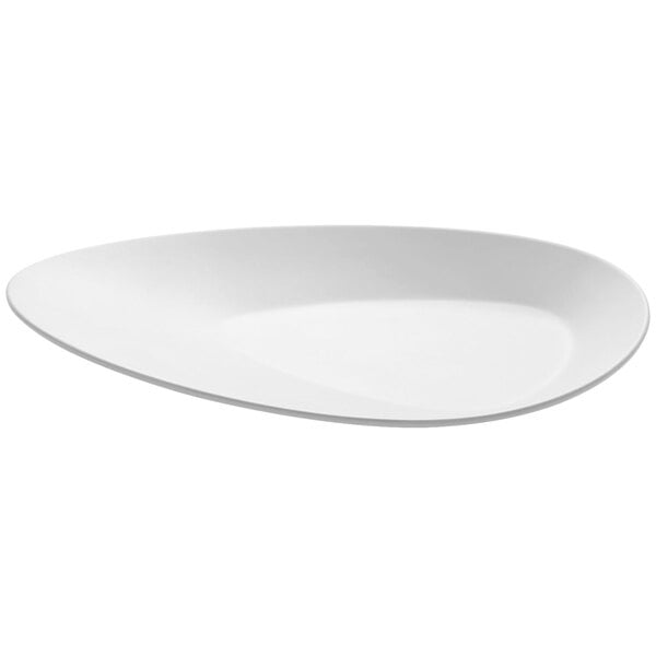 A white large triangle shaped melamine platter.