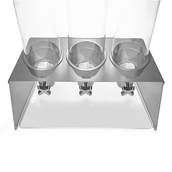 A metal stand with three clear glass cylinders with clear lids on it.
