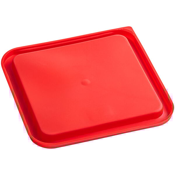A red square polypropylene food storage container lid.
