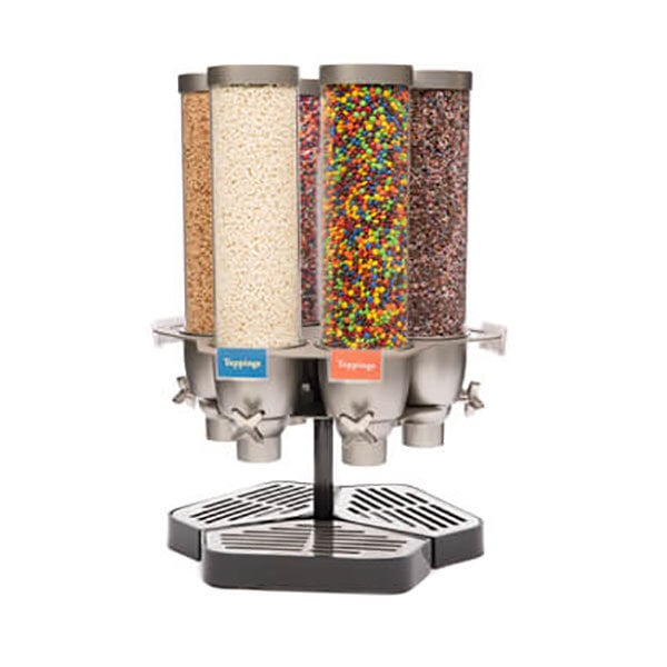 A Rosseto carousel cereal dispenser filled with different types of cereal on a metal surface.