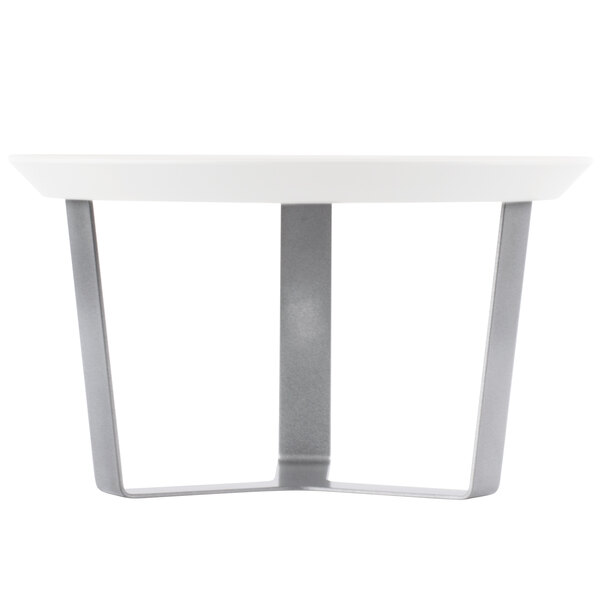 A white round table with a Rosseto white melamine round tray on silver legs.