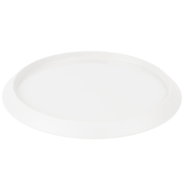 A white melamine round tray with a circular rim on 3 silver legs.