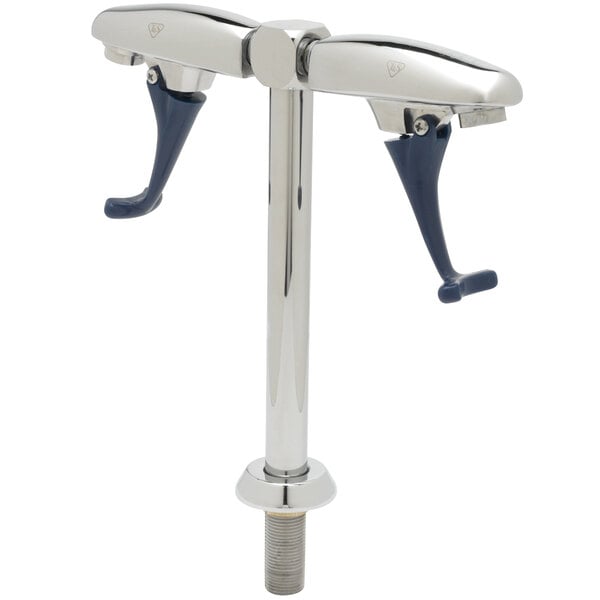 A close-up of a T&S chrome plated metal deck mounted glass filler with a pair of metal handles.