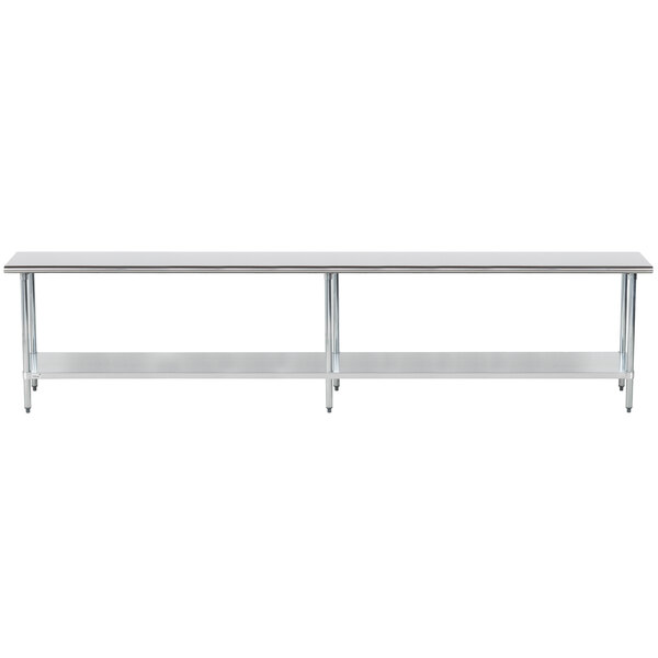 An Advance Tabco stainless steel work table with a galvanized undershelf.