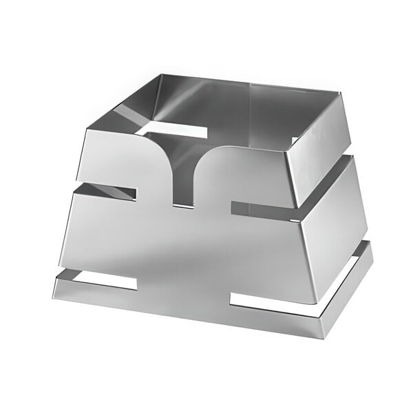 A silver stainless steel pyramid display riser.