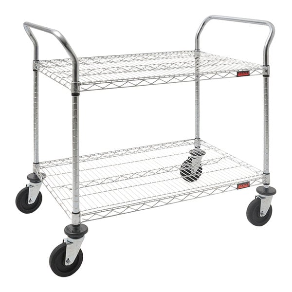 A metal utility cart with two wire shelves, four large caster wheels, and handles on both ends.