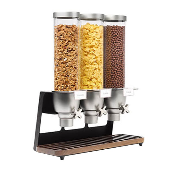 A white Rosseto triple cereal dispenser with containers of cereal and nuts.