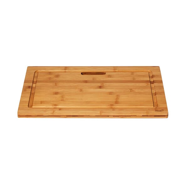 A Rosseto natural bamboo carving board with a handle.