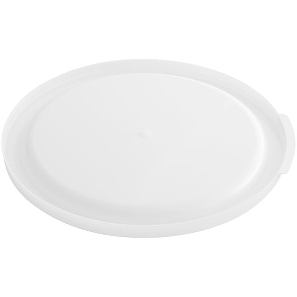 A white plastic lid for a round food storage container.