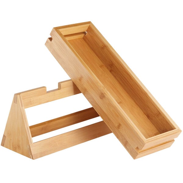 A wooden tray with a stand and a handle.
