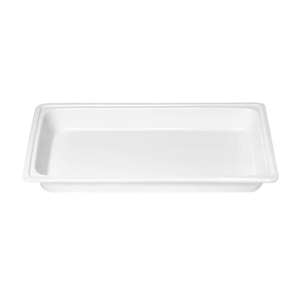 A white rectangular ceramic food pan with a black border.