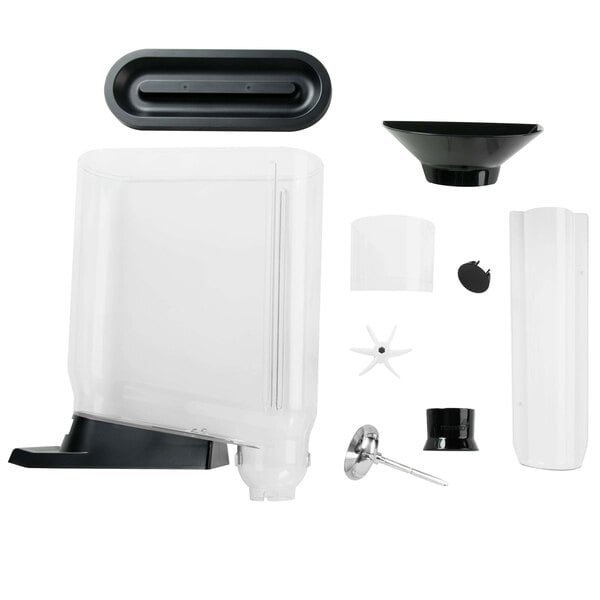 A clear plastic cereal dispenser with a black base and black handle.