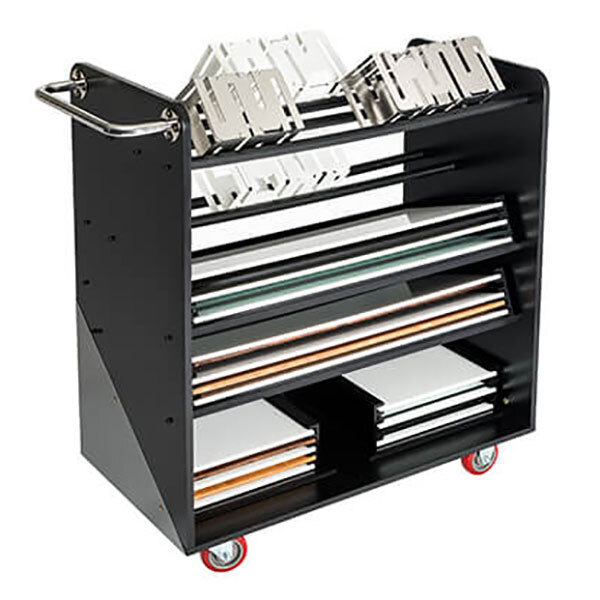 A black rectangular surface case with several shelves holding papers.
