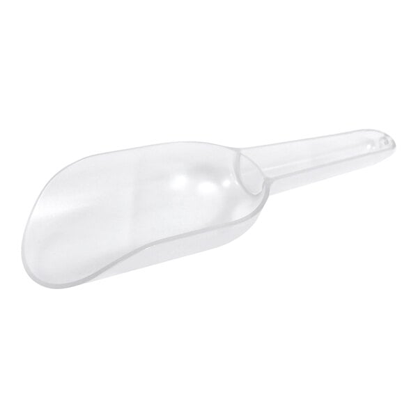 A clear plastic scoop with a long handle, measuring 9 5/8 inches by 3 1/2 inches by 1 1/2 inches.