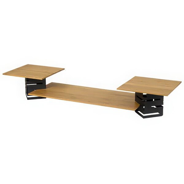 A natural bamboo riser shelf on a black table with two metal legs.