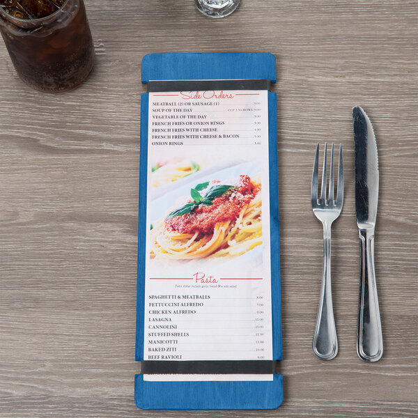 Menu Solutions WDRBB-BA True Blue 4 1/4" x 11" Customizable Wood Menu Board with Rubber Band Straps