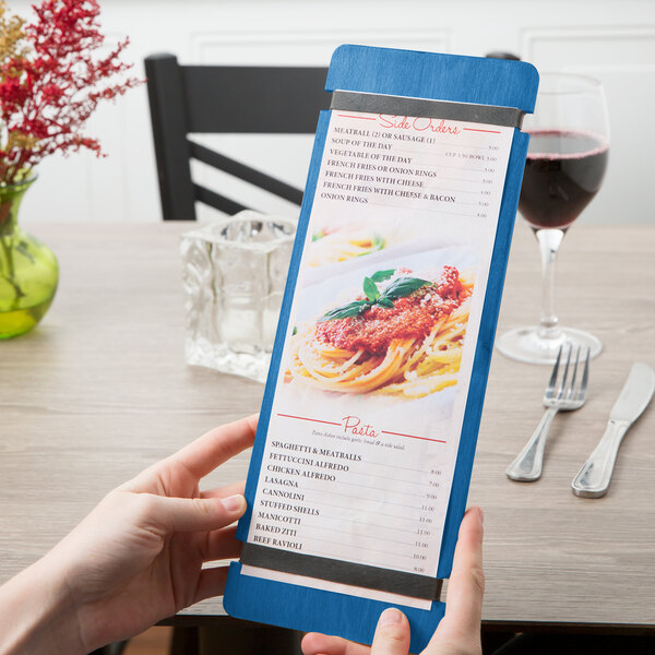 Menu Solutions WDRBB-BA True Blue 4 1/4" x 11" Customizable Wood Menu Board with Rubber Band Straps