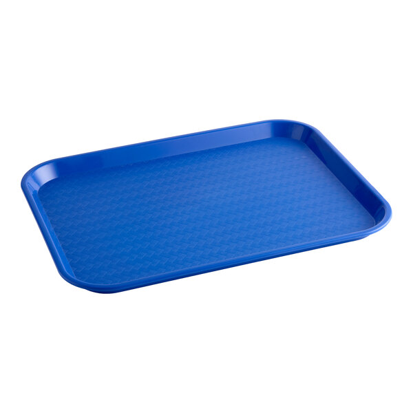 A blue plastic fast food tray with a rectangular shape and raised edges.