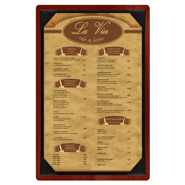 A mahogany wood menu board with picture corners.