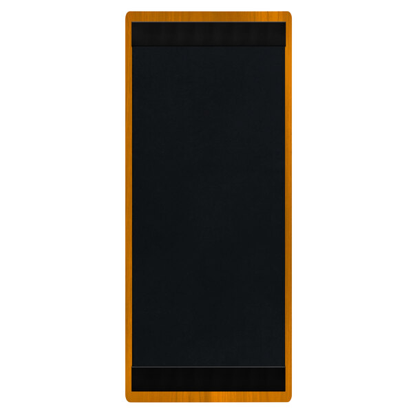 A white rectangular wood menu board with top and bottom black strips.