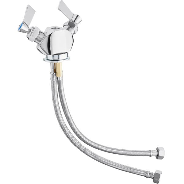 A silver Fisher faucet base with two control valves and lever handles.