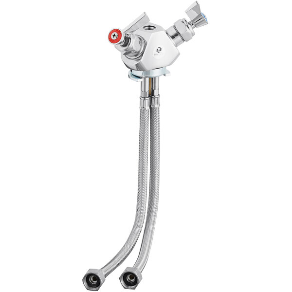 A close-up of a chrome Fisher faucet base with silver control valves and lever handles.