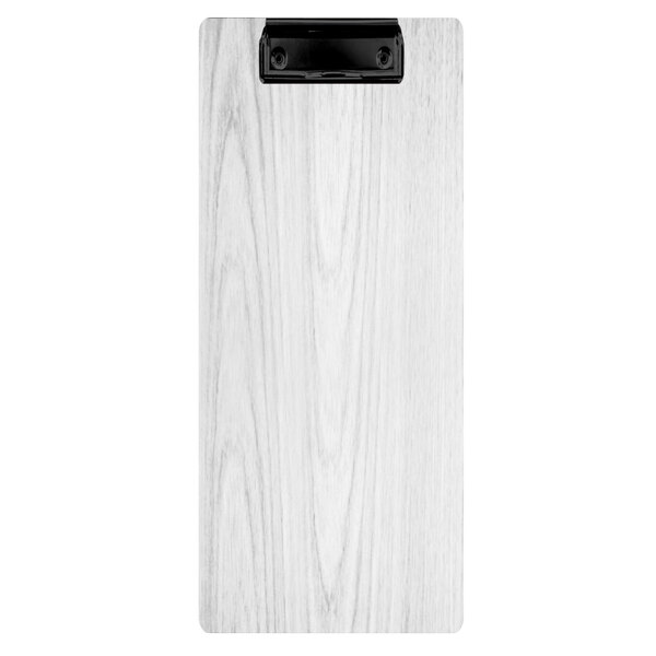 A white rectangular wood menu clip board with black clip.