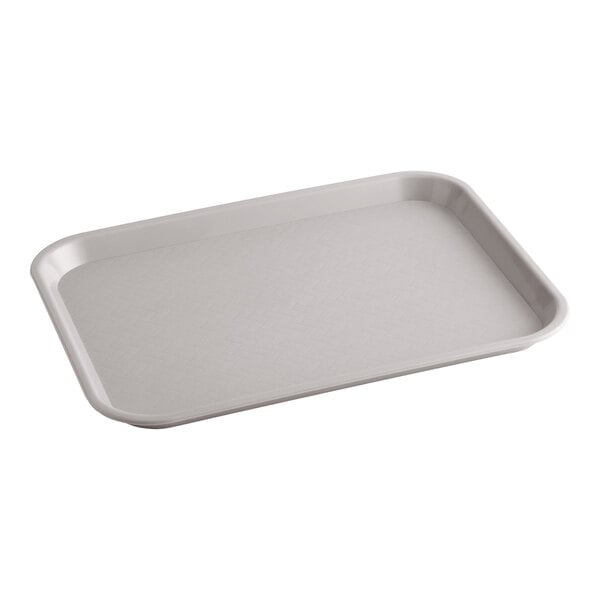A rectangular gray plastic fast food tray with raised edges.