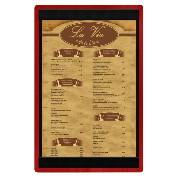 A Menu Solutions wood menu board with top and bottom strips and a black frame with white background.