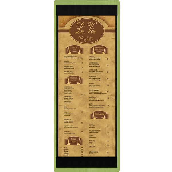 A Menu Solutions wood menu board with custom top and bottom strips for a restaurant menu on a white background.