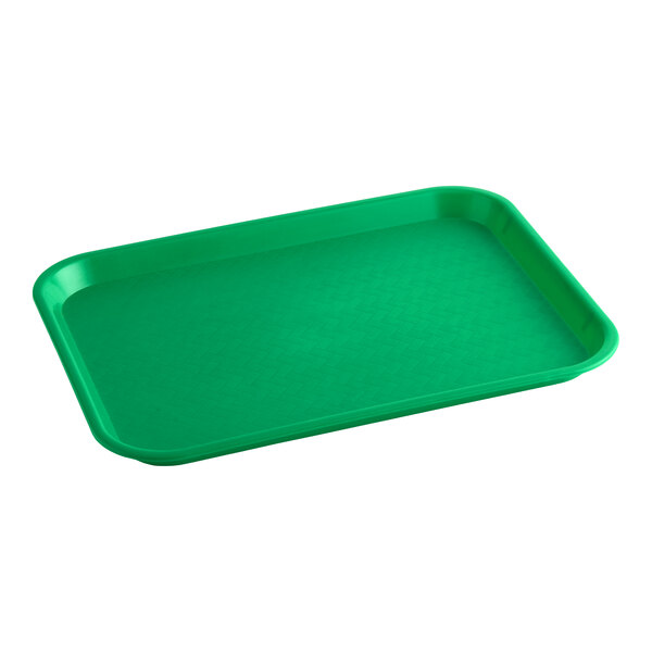 A green plastic fast food tray with a rectangular shape and raised edges.