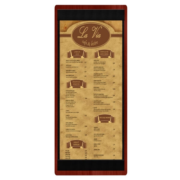 A mahogany wood menu board with top and bottom strips.